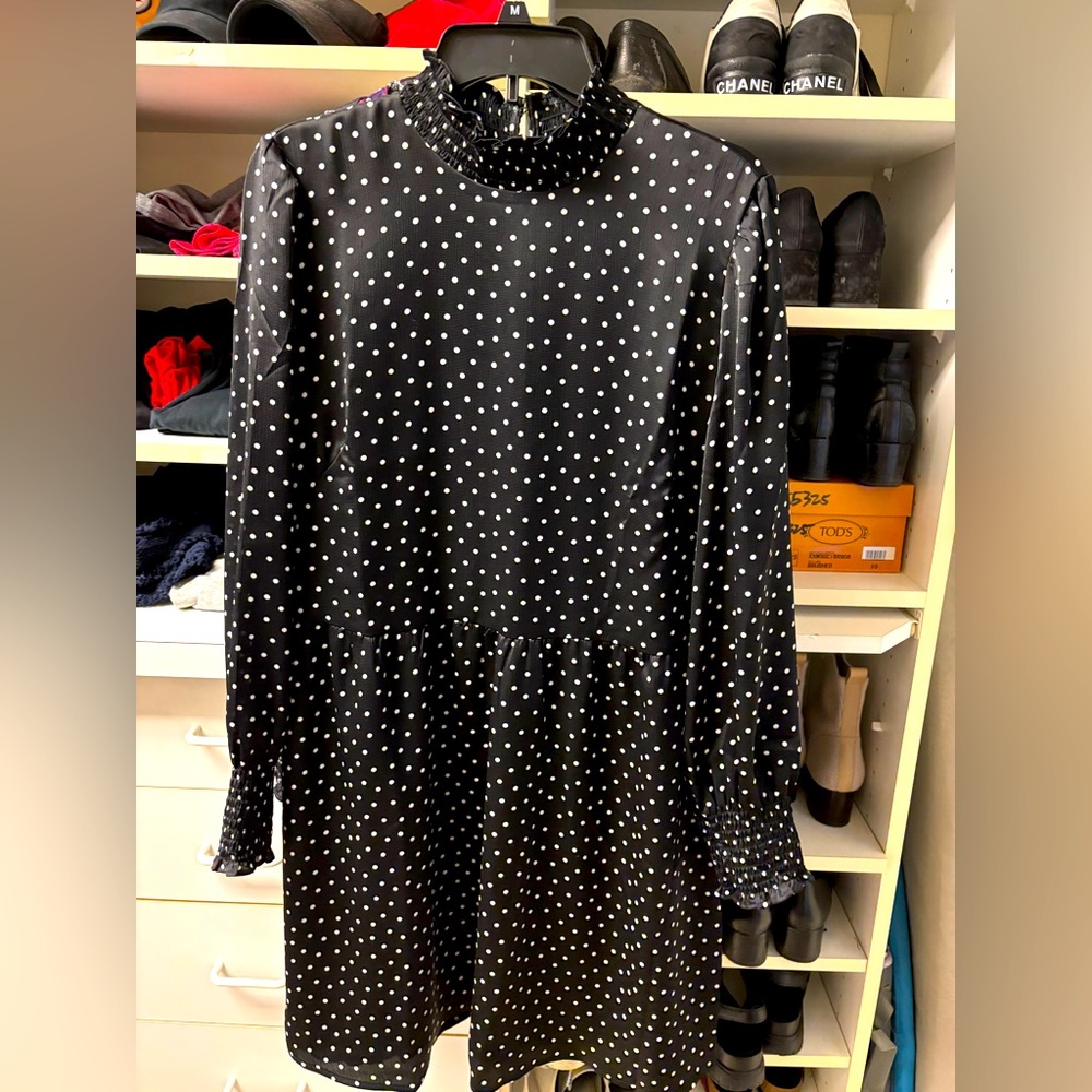 LOFT Black and White Polka Dot Long Sleeve Dress